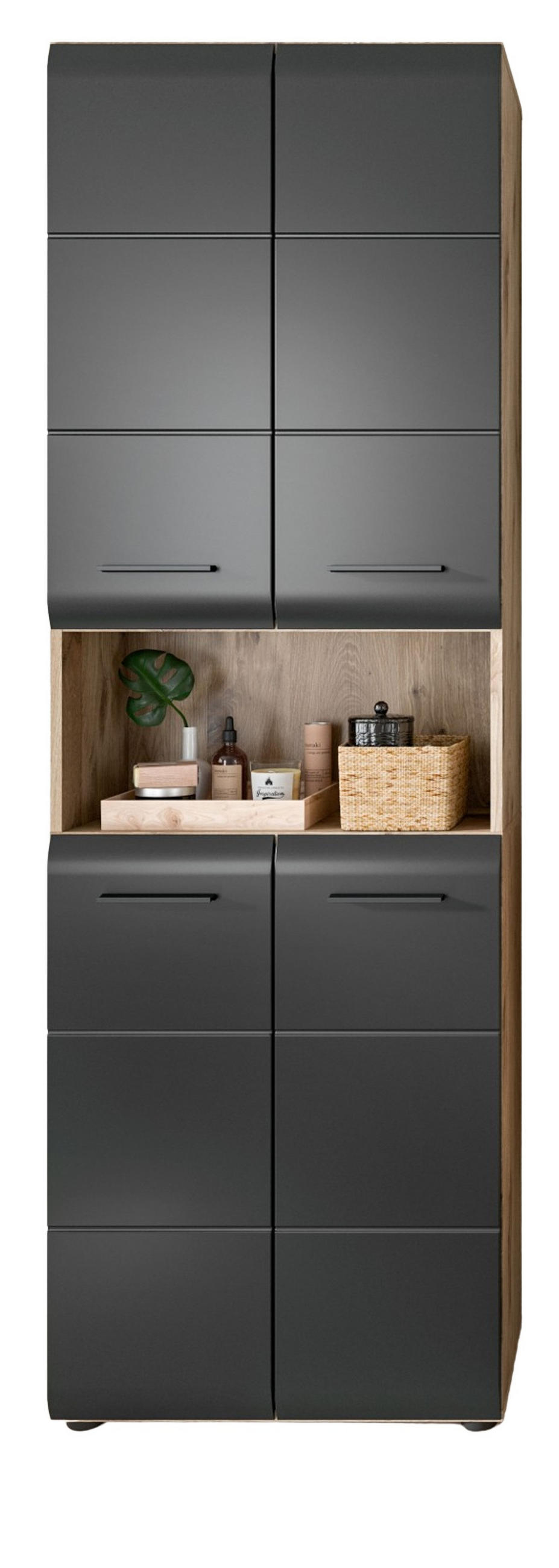 HOCHSCHRANK schwarz matt, Eiche, Badschrank 4-türig, 60 x 185 cm - Eichefarben/Schwarz, Holzwerkstoff/Kunststoff (60/185/30cm) - Inn.Furn