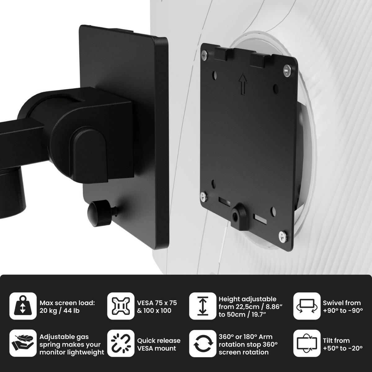 MONITORARM Alzare Neo Single Pro Schwarz - Schwarz, Metall (53/10/50cm) - Arozzi