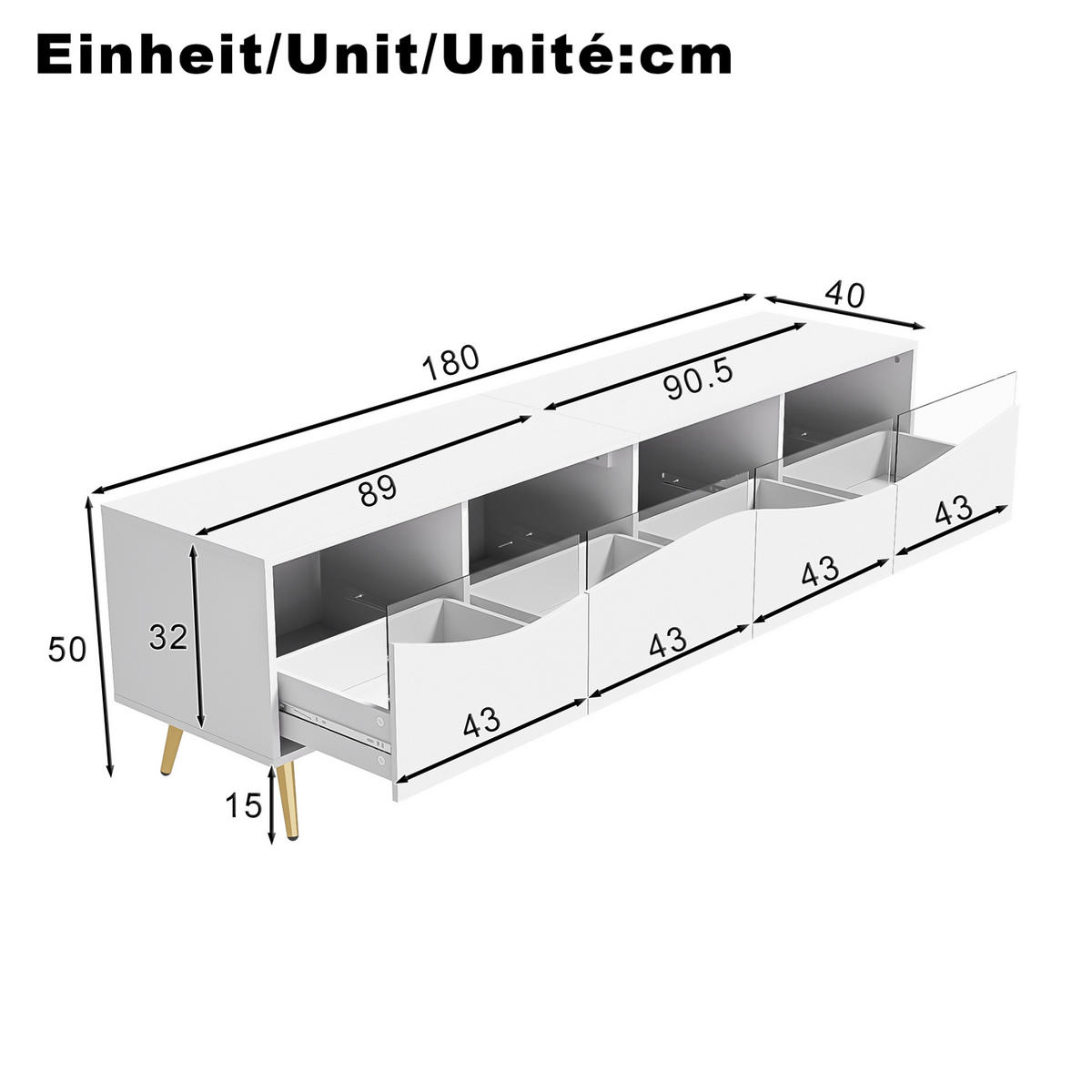 LOWBOARD 180/40/50 cm Weiß aus MDF mit LED-Beleuchtung und Glasfront - Weiß, Holzwerkstoff (40/50/180cm) - OKMYHOME