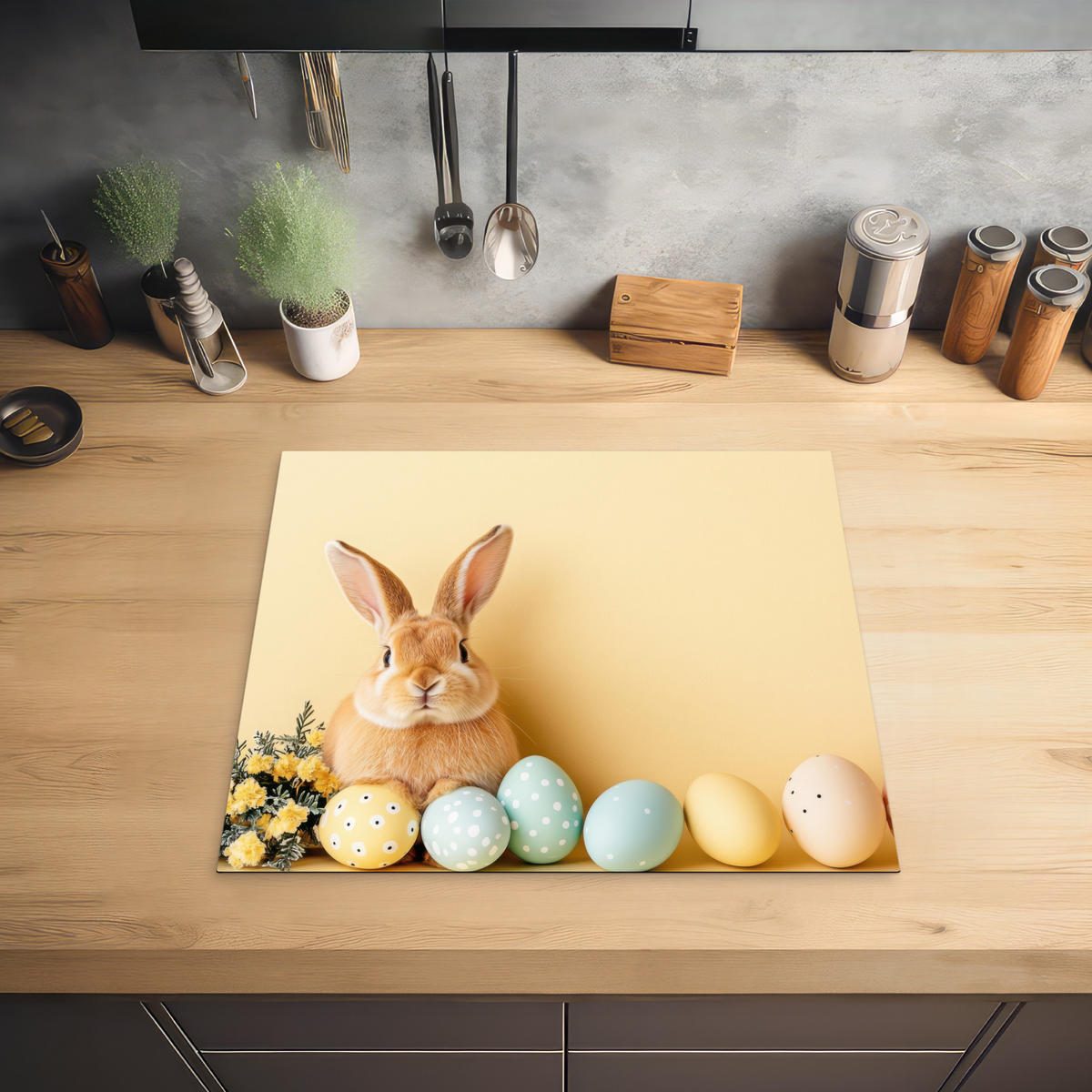 HERDABDECKPLATTE Eier - Kaninchen - Pastellfarbtöne Abdeckung Ceranfeld 58.3x51.3 cm - Hellgelb, Kunststoff (58.3/51.3/0.2cm) - MuchoWow