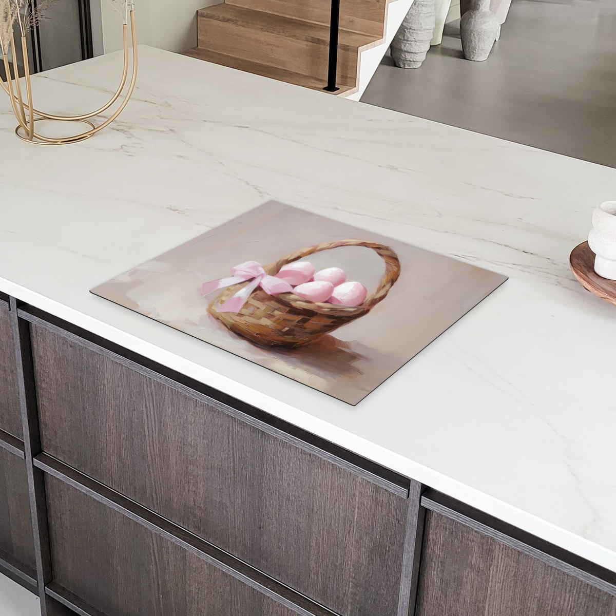 HERDABDECKPLATTE Korb - Eier - Rosa Herdabdeckung Induktionsfeld 65x52 cm - Beige, Kunststoff (65/52/0.2cm) - MuchoWow