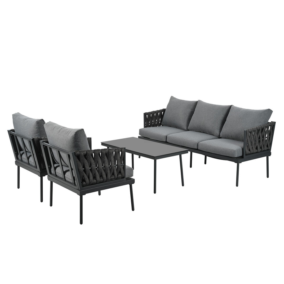 GARTENLOUNGE-SET Gartenmöbel-Set mit Sofa, 2 Sessel und Couchtisch aus Glastischplatte - Schwarz/Grau, Textil/Metall - STILVORA