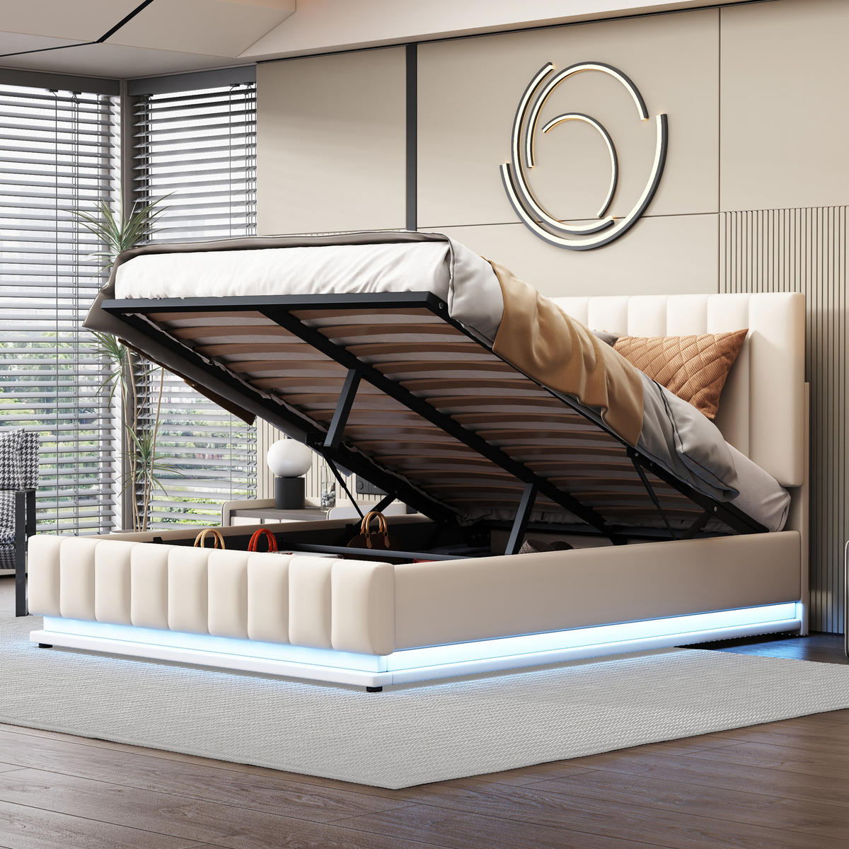 STAURRAUMBETT 140/200 cm DE-01710, in Weiß, mit LED, hydraulischem Stauraum und höhenverstellbarem Kopfteil - Weiß, Metall (140/200cm) - ComfortXL