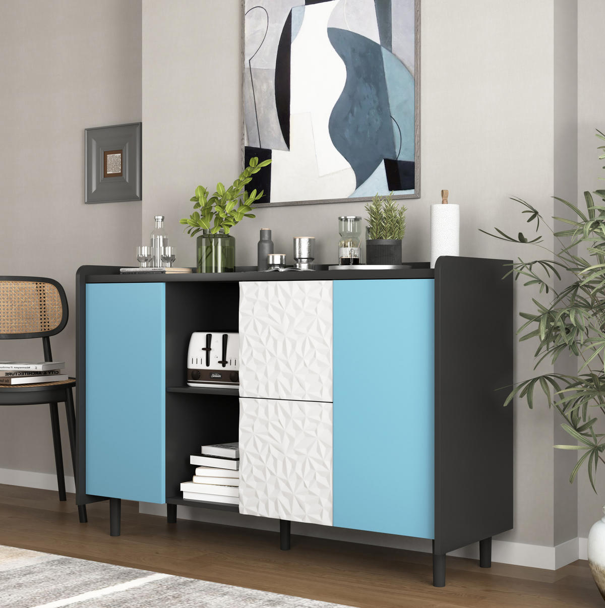 SIDEBOARD aus MDF 40x120x80 cm Schwarz/Blau mit 2 Schubladen, offenem Stauraum und Schranktür in modernem Design - Schwarz, Holzwerkstoff (120/80/40cm) - Modfu