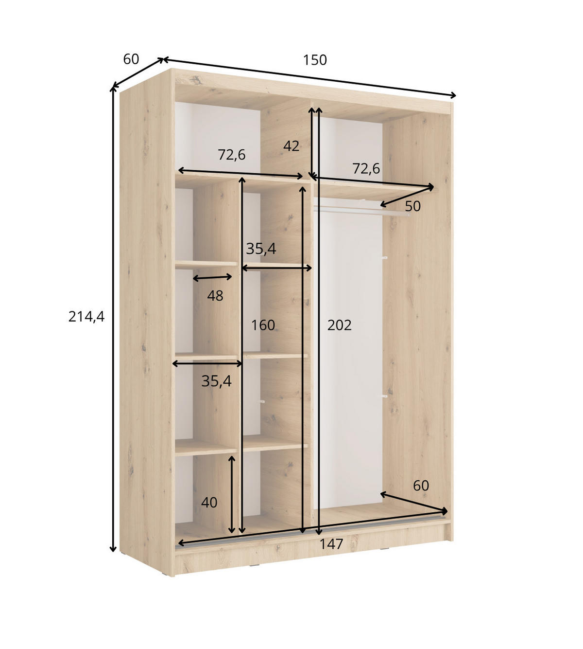 SCHIEBETÜRENSCHRANK ALUNA 10 - 155/215/62 cm 2-Türig Grau Graphite/Artisan Oak - Eiche Artisan/Grau, Holz/Holzwerkstoff (155/215/62cm)