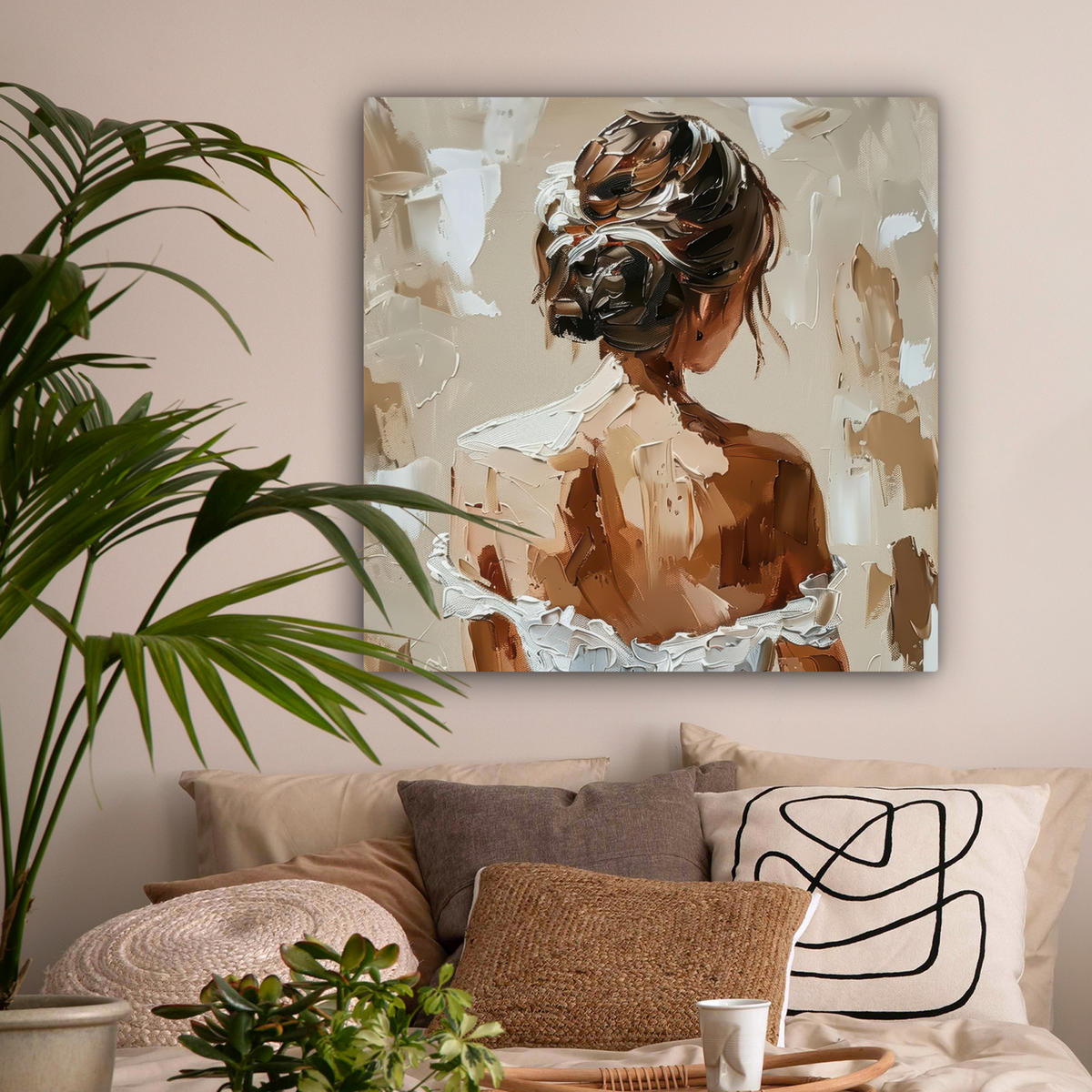 LEINWANDBILD - Frau - Farbe - Abstrakt - Beige - Modern - 90x90 - Gemälde - Sandfarben, Textil (90/90cm) - MuchoWow