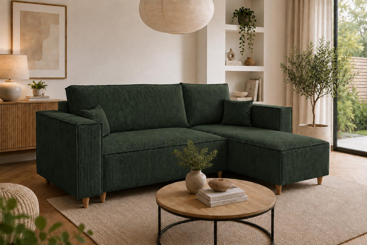 ECKSOFA mit Schlaffunktion und Bettkasten Rio, Ecksofa Cordstoff Grün, Ottomane Universal, 249x142 cm - Grün, Textil (249/142cm) - Marpur