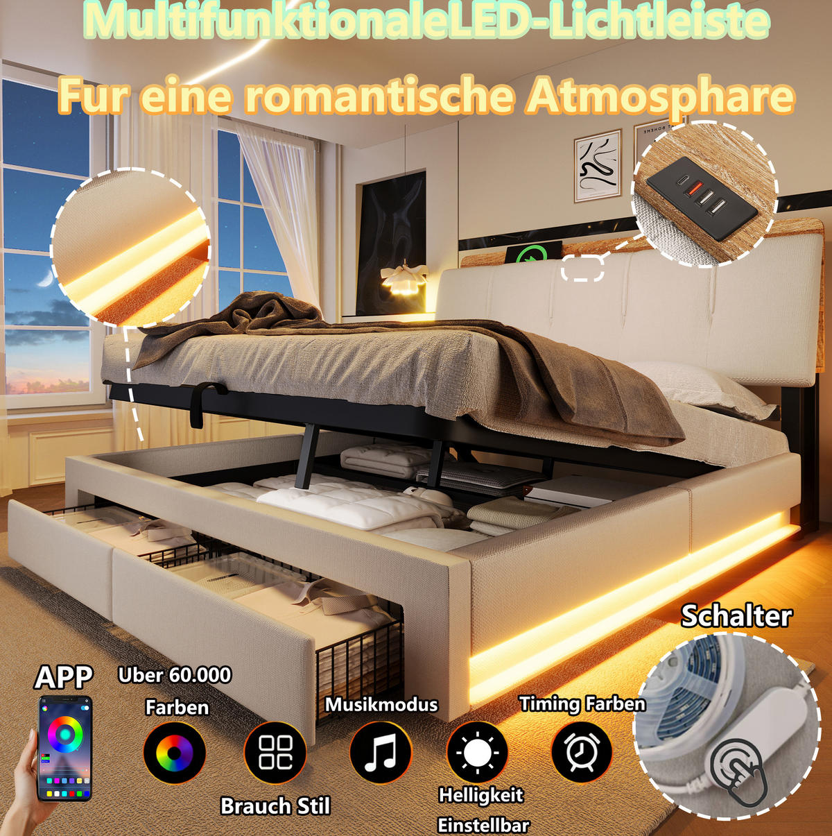 POLSTERBETT 140/200 cm aus Leinen und MDF mit LED-Beleuchtung USB Typ-C und Stauraum Beige - Beige, Textil (140/200cm) - Modenvie