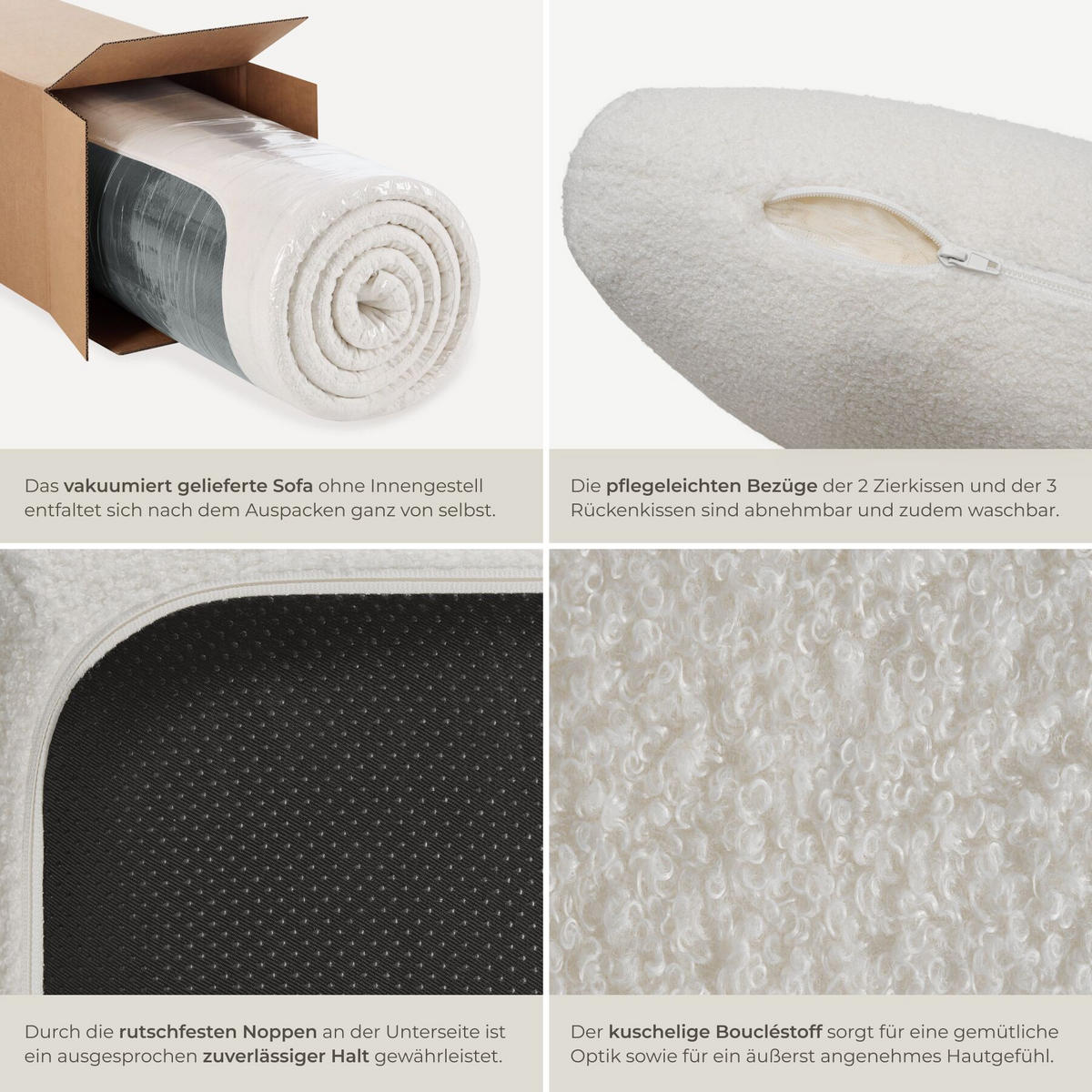 SOFA Relax, keine Montage, 250 cm Breite, Bouclé creme - Creme, Kunststoff/Textil (250/162cm) - tectake