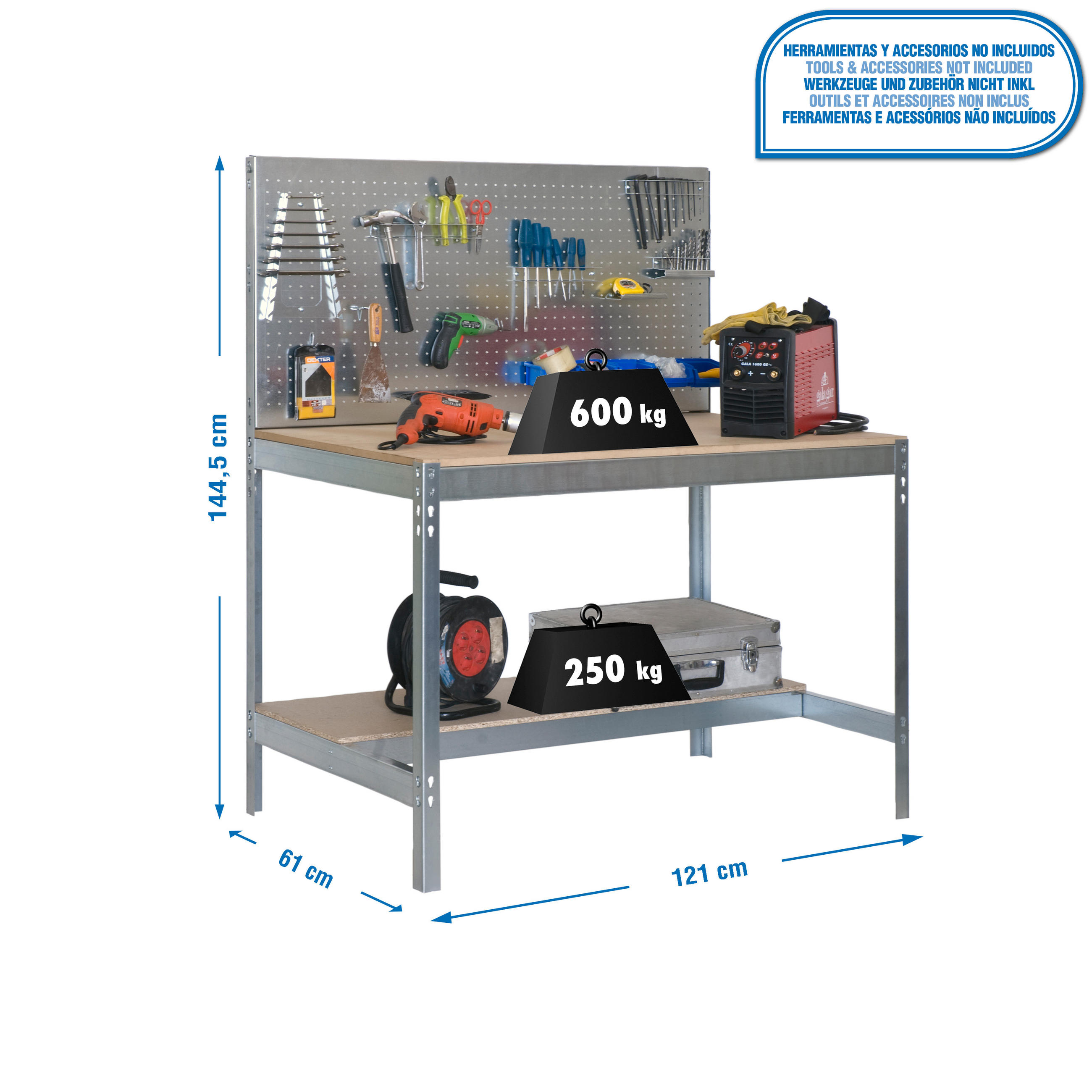 WERKBANK BUFFALO mit Werkzeugwand | HxBxT 84x120x61cm | Traglast 600kg | Verzinkt - Silberfarben, Metall (120/84/61cm) - PROREGAL