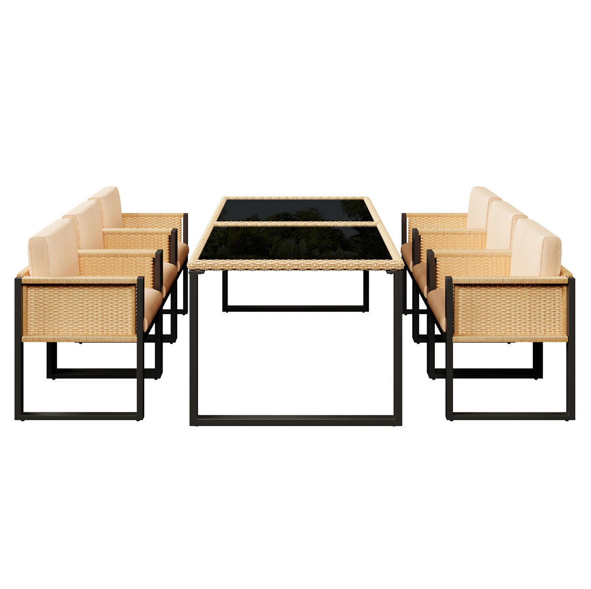GARTENGARNITUR aus PE-Rattan 170x80x75 cm Schwarz/Braun mit Glasplatte, 6 Stühlen und waschbaren Bezügen - Schwarz, Kunststoff - Modfu