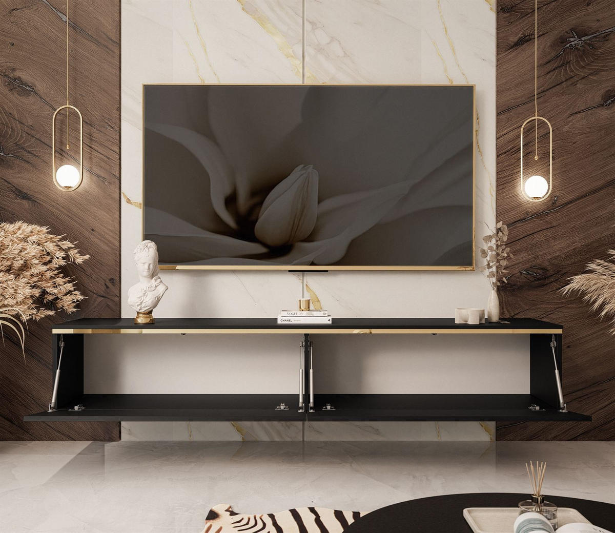 HÄNGESCHRANK TV-Möbel AURORA Schwarz Matt - Schwarz, Holzwerkstoff (180/32/40cm) - Lookway