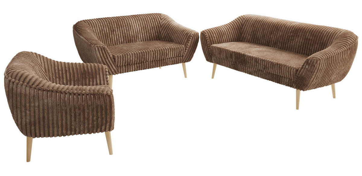 SITZGARNITUR PIRS 3+2+1 - Braun Cord - Holzbeine - Buchefarben/Braun, Holzwerkstoff/Textil (180/75/74cm) - MKS