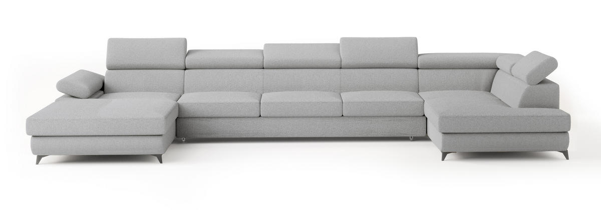 WOHNLANDSCHAFT MONTIVA Hellgrau Boucle-Stoff mit Schlaffunktion - Hellgrau, Holz (410/89/190cm) - MASSENO