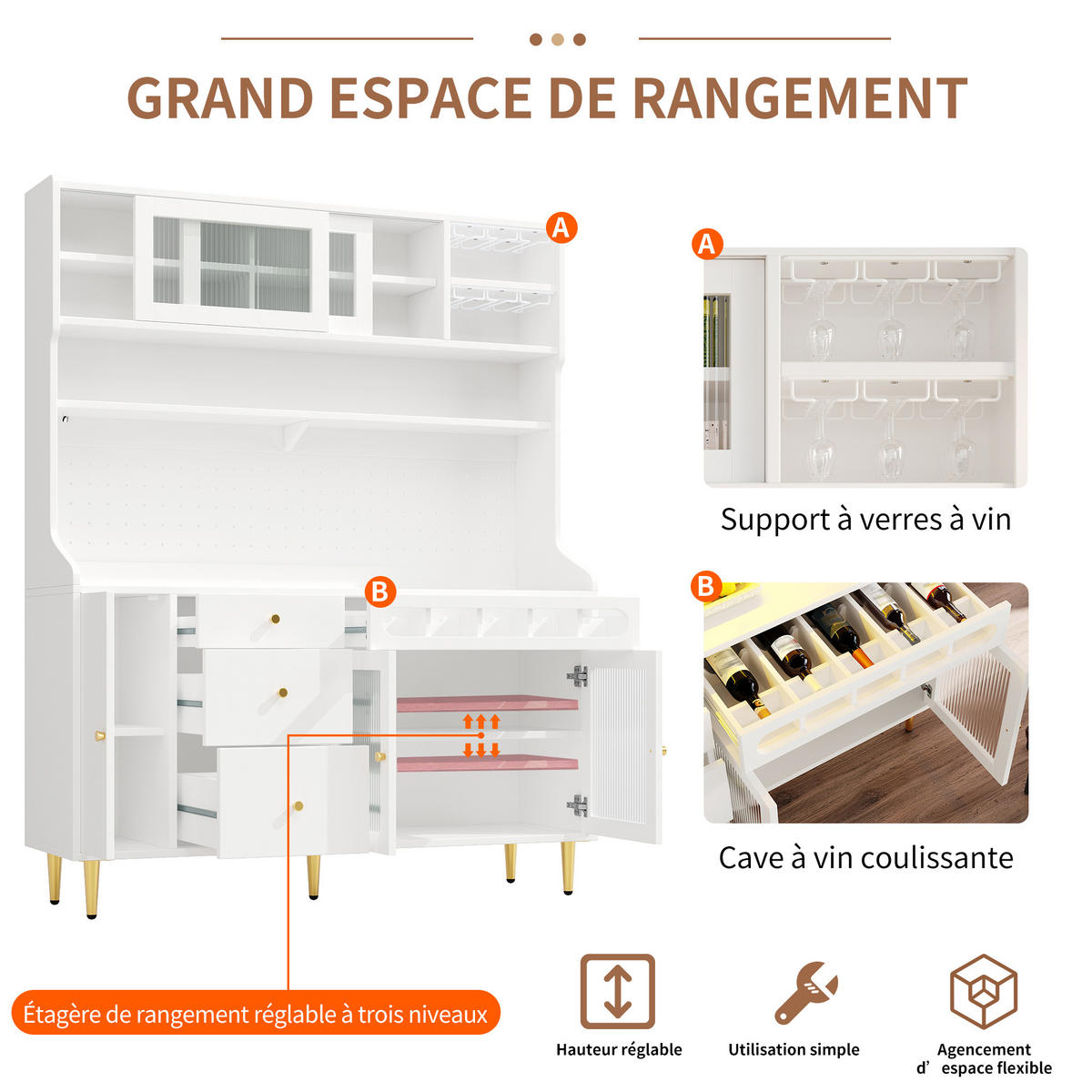 KÜCHENSCHRANK in Weiß mit LED, verstellbaren Böden, Schublade und Weinregal für Esszimmer,B145/T39/H171cm - Goldfarben/Weiß, Glas/Holzwerkstoff (145/171/39cm) - STILVORA