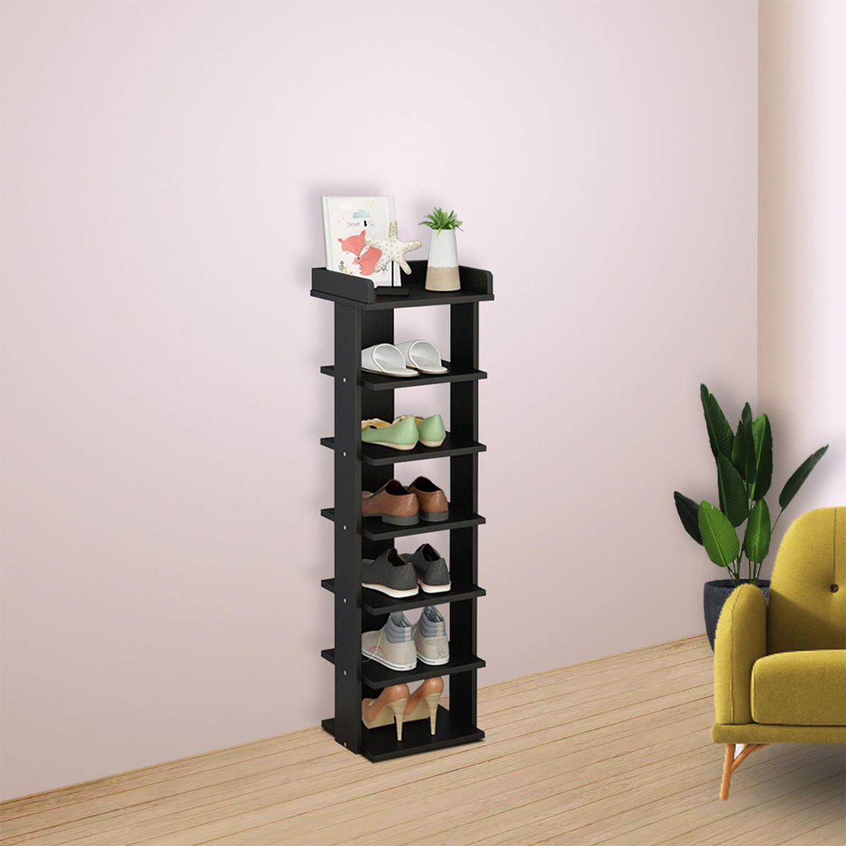 SCHUHREGAL 7-Stufige aus MDF in Schwarz Stabile Konstruktion Offene Ablage Platzsparendes Design 25 x 27 x 104 cm - Schwarz, Kunststoff (25/104/27cm) - Livingandhome