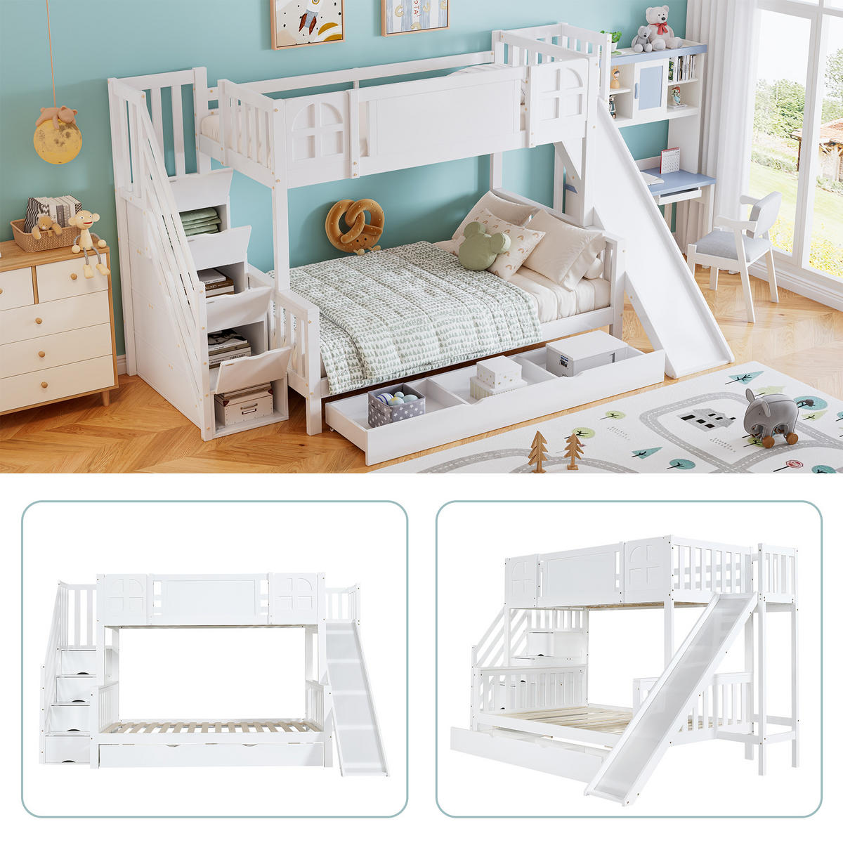 ETAGENBETT 90x200 cm Rutsche Treppe Stauraum - Weiß, Holz (90/200cm) - LEBENLANG