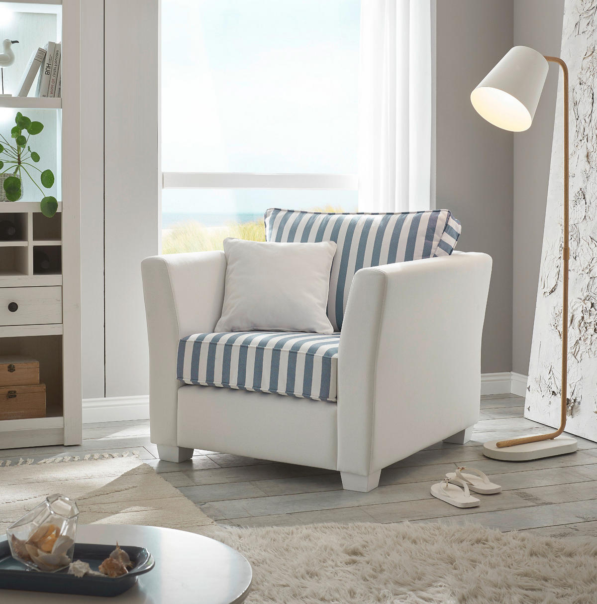 SESSEL creme blau gestreift, Landhaus 95 cm, Loungesessel für das Wohnzimmer inklusive Kissen - Blau/Creme, Holz/Textil (95/88/96cm) - Furn.Design