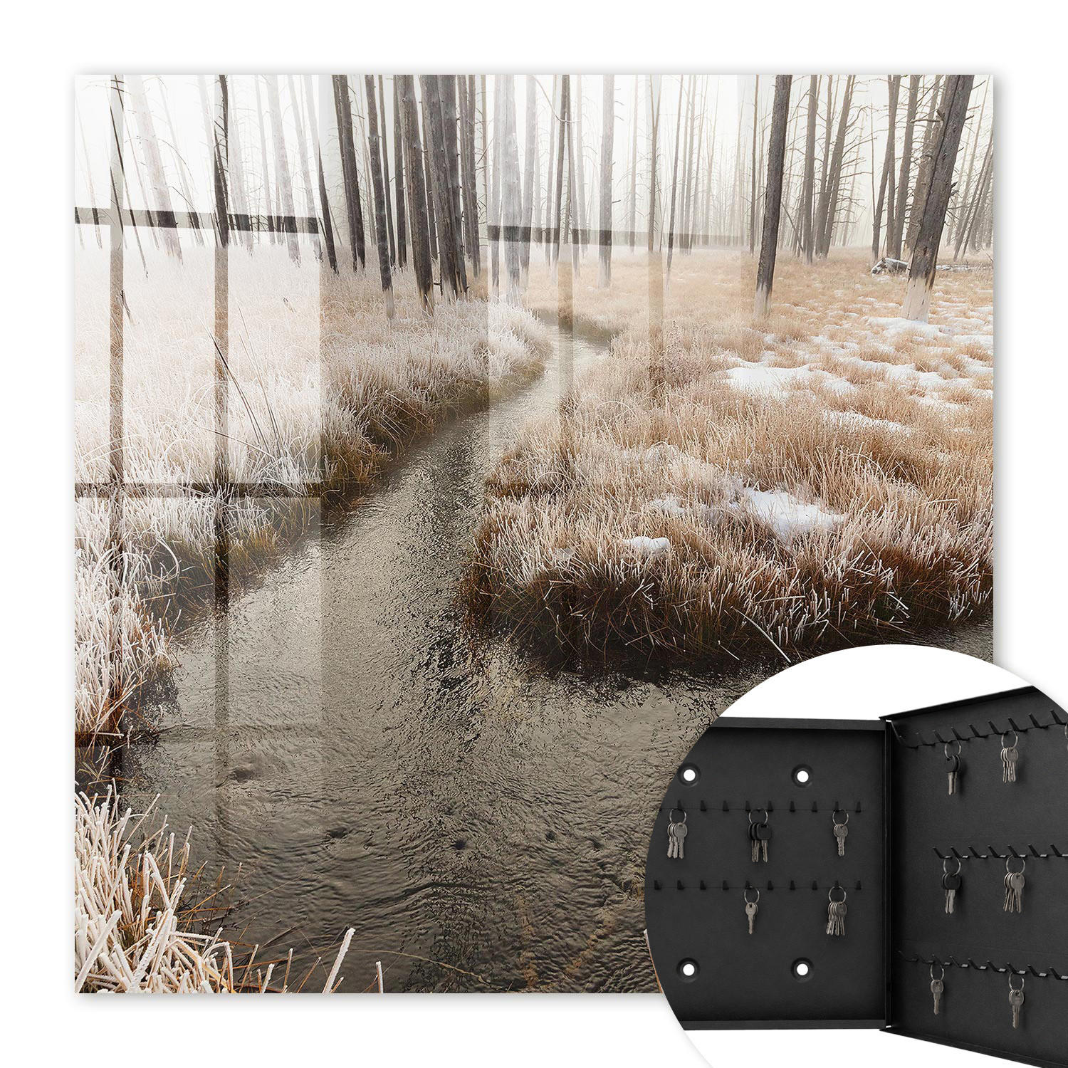 SCHLÜSSELBOX Schwarz 30x30 cm- Türöffnung nach rechts - Winter River - Weiß, Metall (30/30/5cm) - TULUP
