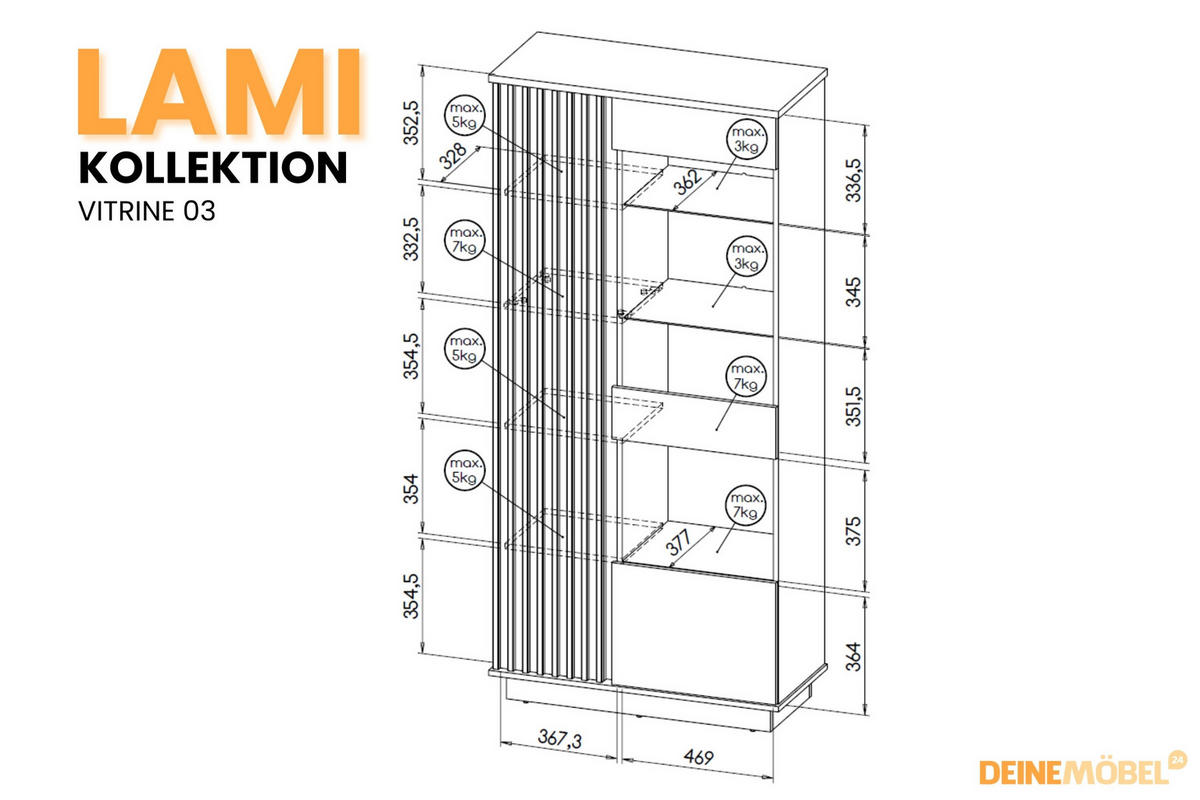VITRINE LAMI 3 90/194/40 cm in Wotan Eiche / Schwarz Matt mit Lamellen und LED - Eiche Wotan/Schwarz, Holzwerkstoff (90/194/40cm) - Deine Möbel 24