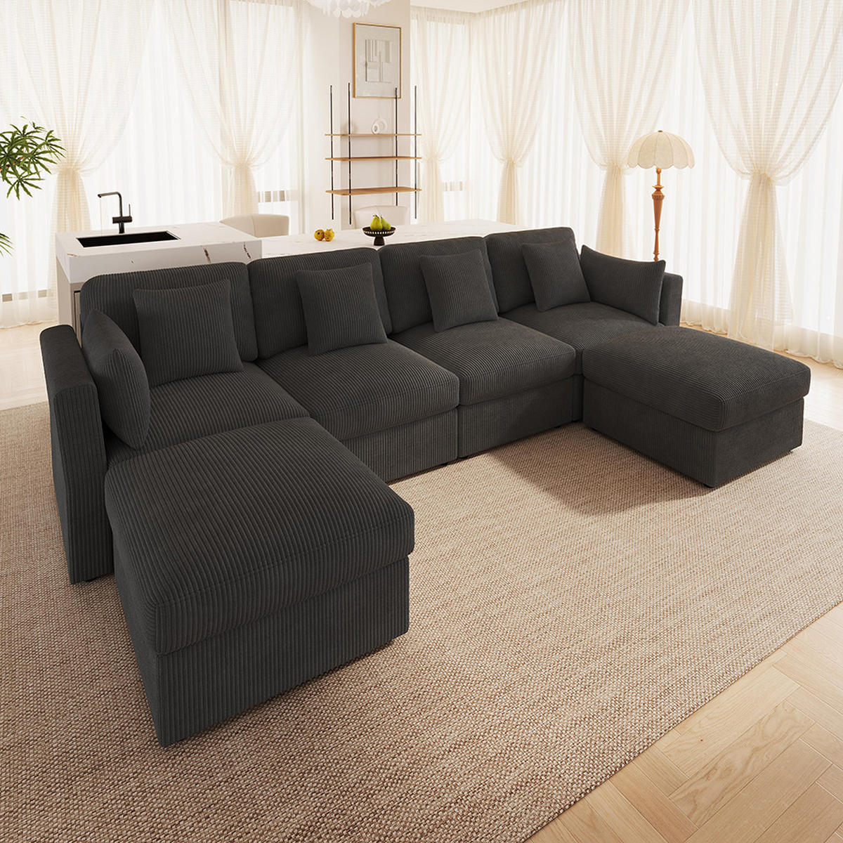 ECKSOFA,SECHSSITZER-SOFA mit verstellbaren Armlehnen in Grau - Grau, Textil (159.5/290cm) - KOMHTOM