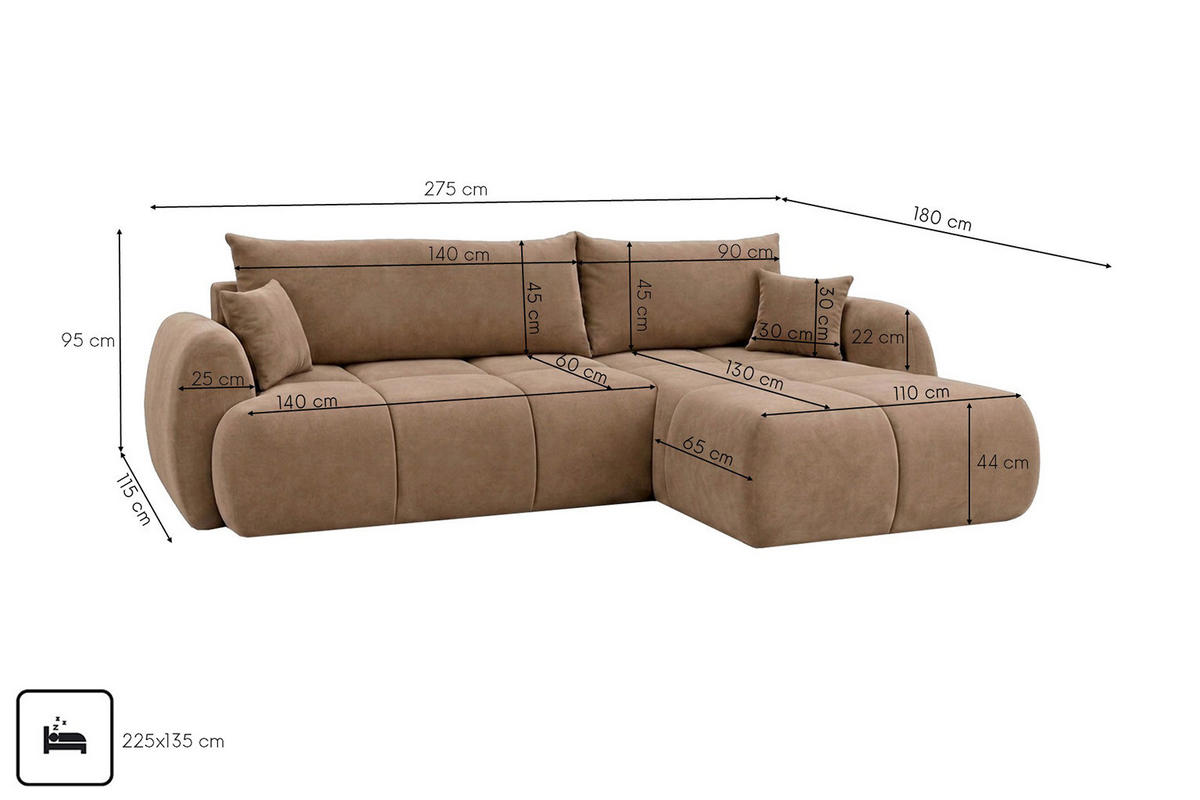 ROHOVÁ SEDAČKA s rozkládací funkcí a úložným prostorem, sametová látka Bluvel, Latte, Pravá, COCO - světle hnědá, dřevo (275/180cm) - Kaiser Möbel