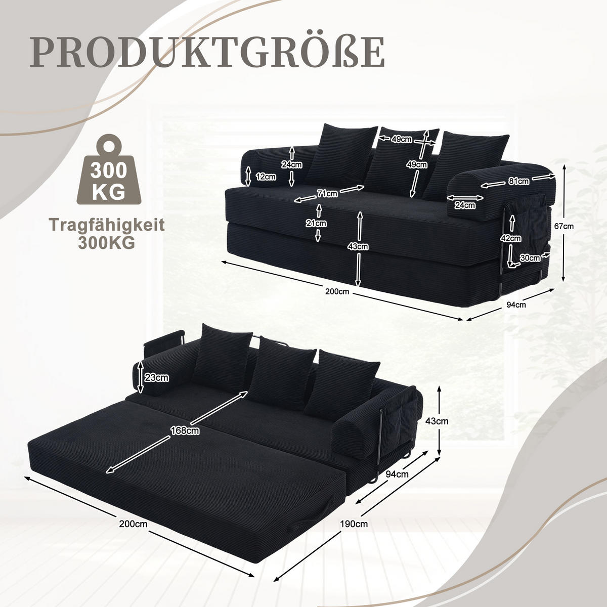 SCHLAFSOFA 200/94/67 cm Schwarz mit Seitentaschen plus und 3 Kissen - Schwarz, Textil (200/67/94cm) - Oxeza