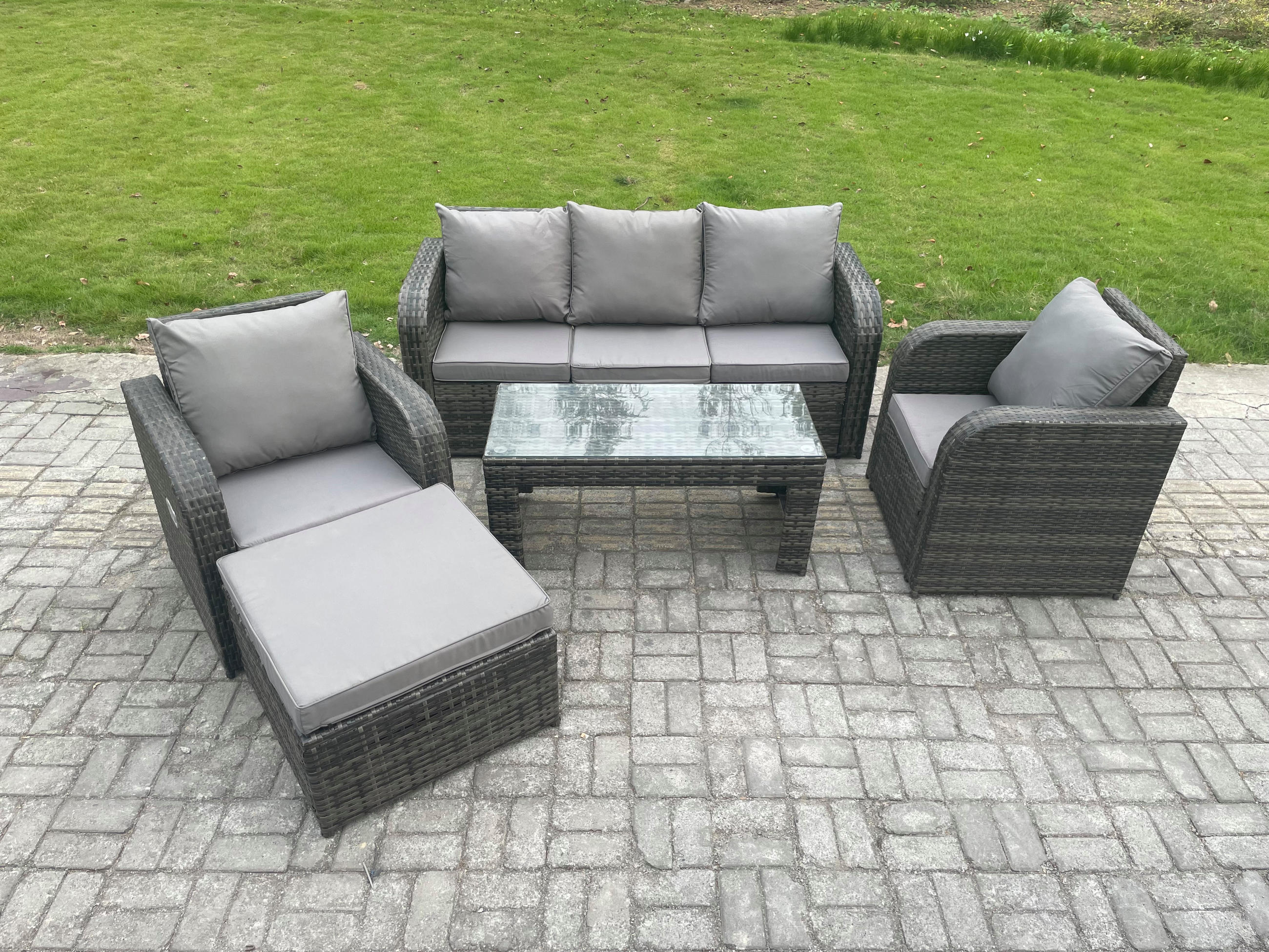 GARTENSOFA SET mit LIEGESTUHL Polyrattan 6-Sitzer Dunkelgrau - Dunkelgrau/Grau, Glas/Kunststoff - Fimous