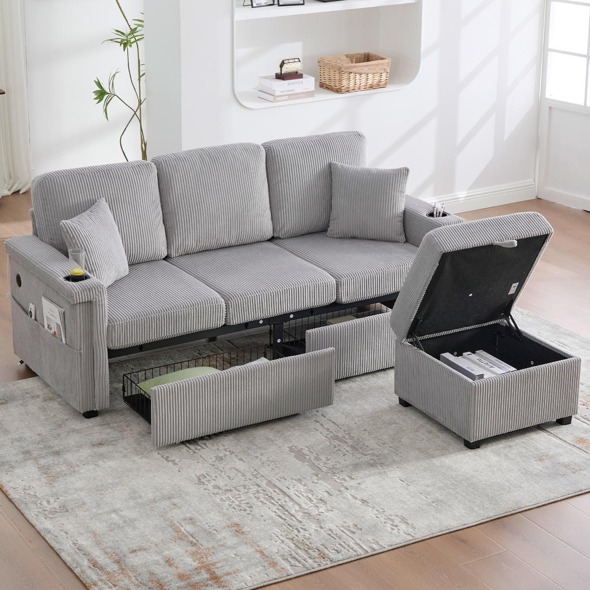 ECKSOFA 194/73/81 cm Hellgrau mit LED-Beleuchtung, Stauraum-Fußteil, 2 Schubladen, Getränkehaltern und Seitentaschen - Hellgrau, Textil (194/73cm) - Oxeza