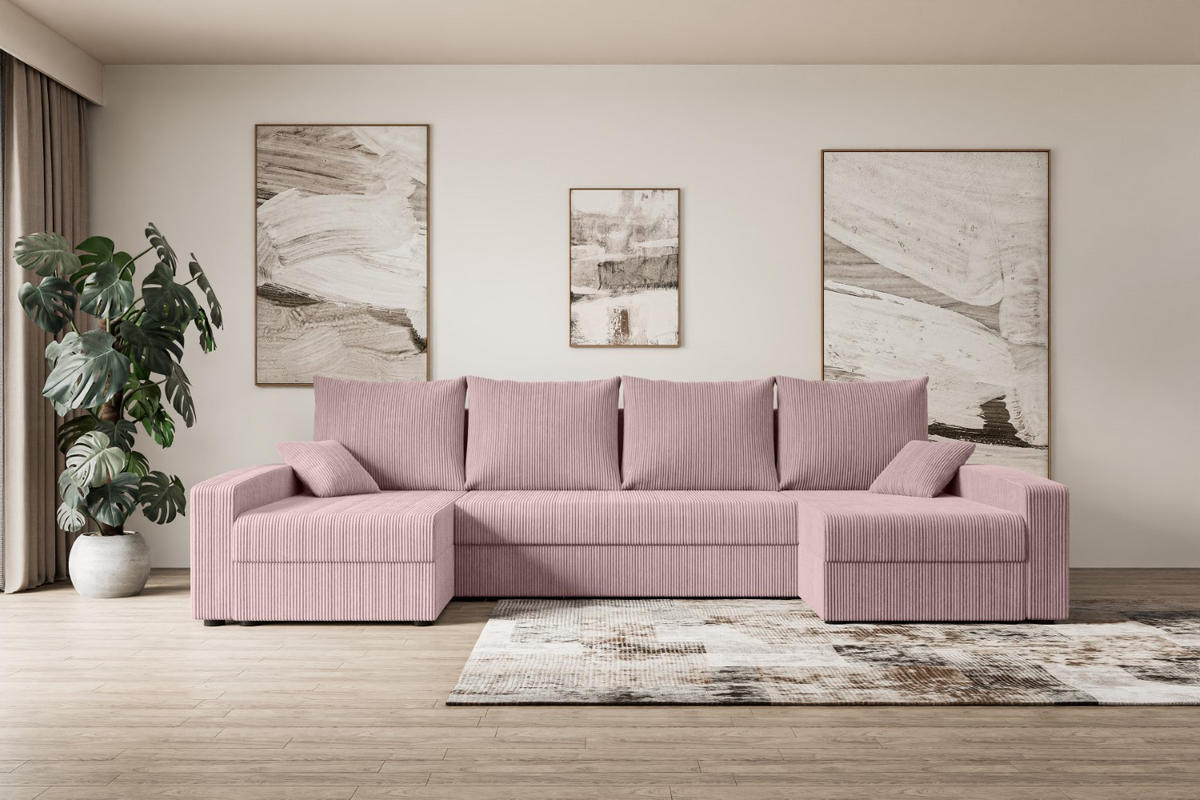 WOHNLANDSCHAFT mit Schlaffunktion und Bettkasten ALESIA-U 301x140x90 cm Rosa Cord - Silberfarben/Rosa, Holzwerkstoff/Kunststoff (301/90/140cm) - ALTDECOR