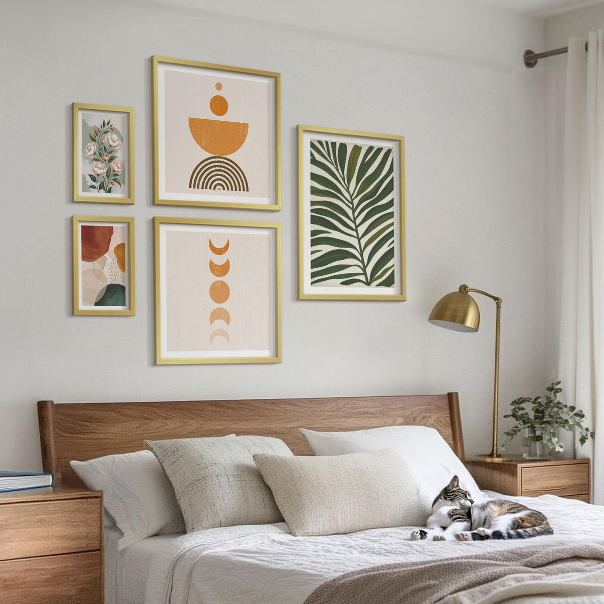 WANDBILDER 5er Set - 50x50 cm & 20x30 cm & 40x60 cm Goldrahmen - Abstrakte Blattformen - Goldfarben, Kunststoff (40/60cm) - ArtPrintCave