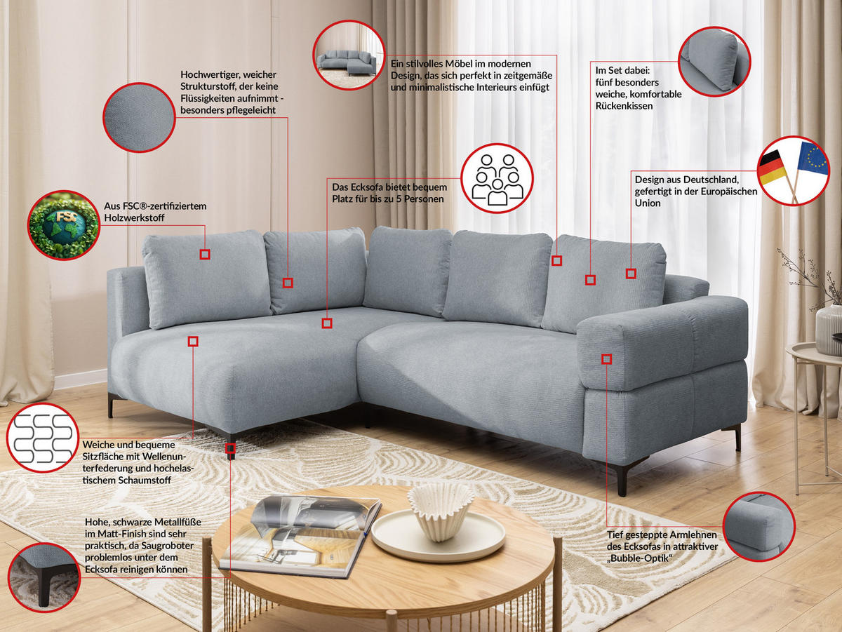 ECKSOFA inkl. Hocker Cardea mit Schlaffunktion in Bubble-Optik aus weichem Grau Strukturstoff und hohem Sitzkomfort - Ottomane links - Schwarz/Grau, Holz/Textil (170/230cm) - S-Style Möbel