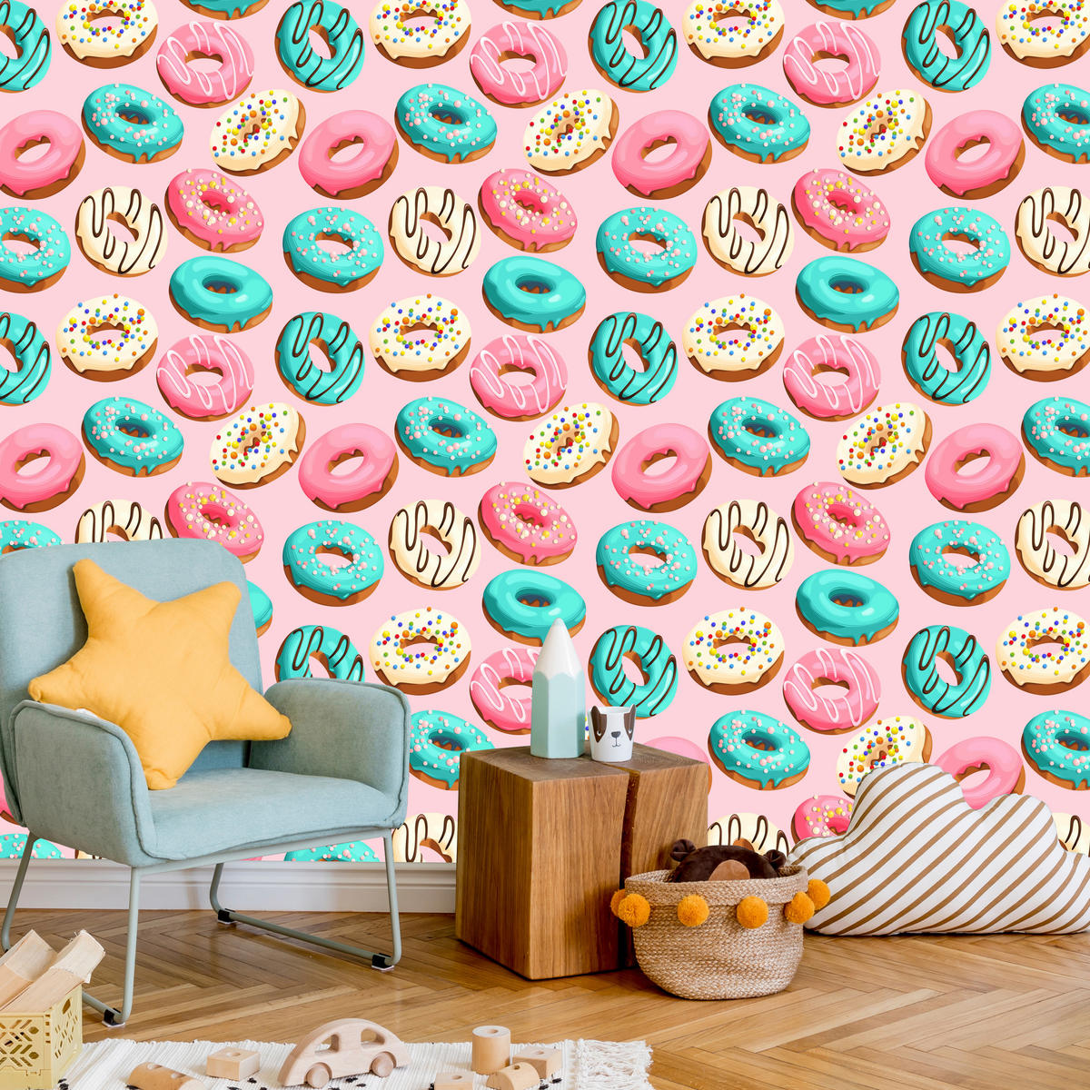 VLIESTAPETE Donuts in 3D-Optik – Rosa, Türkis, Bunt – 50x1000 cm - Türkis/Multicolor, Papier (50/1000cm) - Muralo