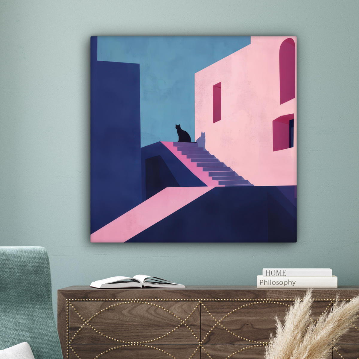LEINWANDBILD Katze - Treppe - Gebäude - Schattenkontraste Deko Groß 90x90 cm - Dunkelblau, Textil (90/90cm) - MuchoWow
