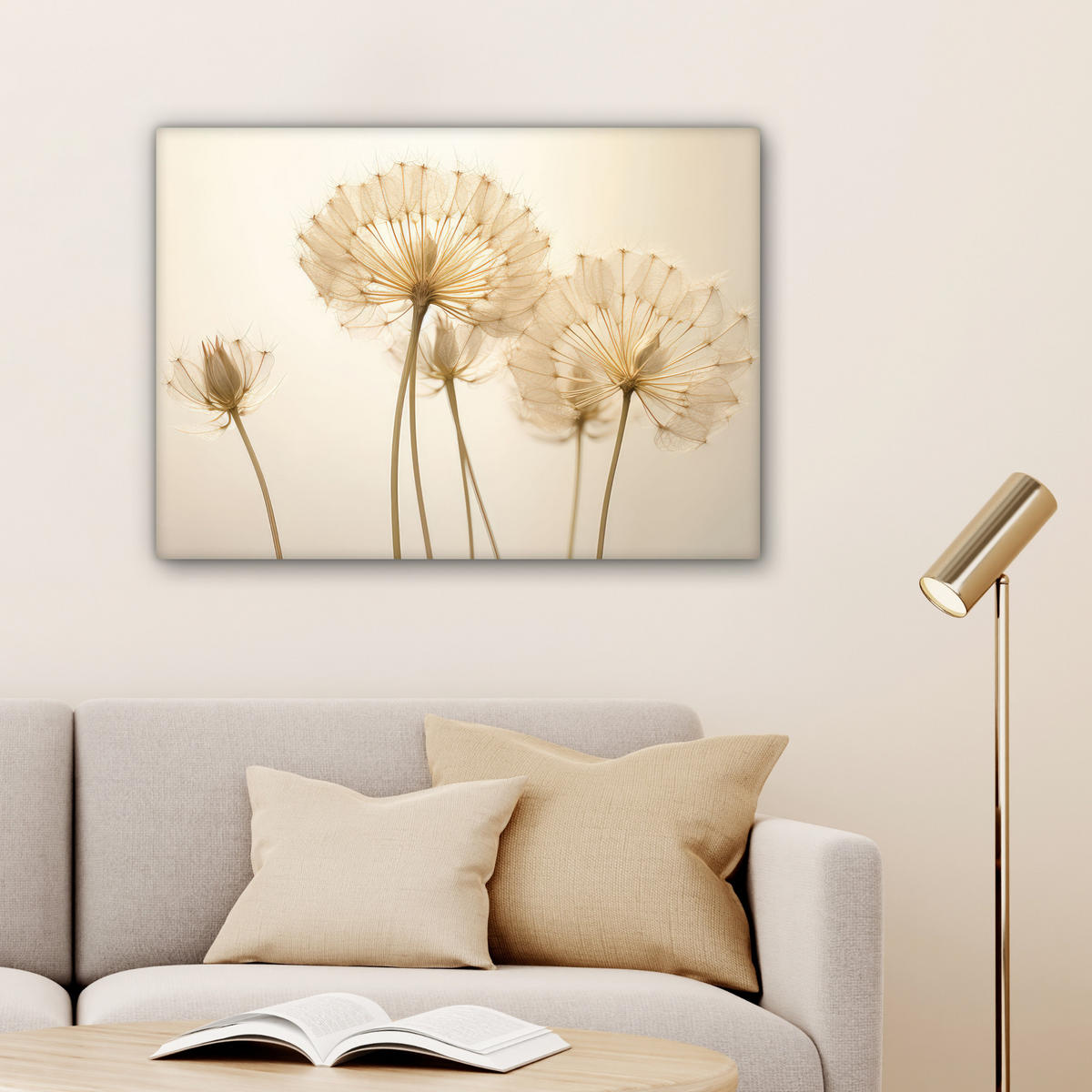 LEINWANDBILD Sonnenlicht - Löwenzahn - Botanisch - Blumen Wandbilder 80x60 cm - Creme, Textil (80/60cm) - MuchoWow