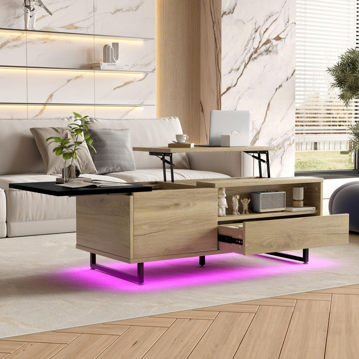 KLUB stolić 103,5/50/27,5 cm prirodni od oplemenjenog drva s podiznom pločom i LED rasvjetom - prirodne boje, drvni materijal (103.5/50/27.5cm) - OKWISH