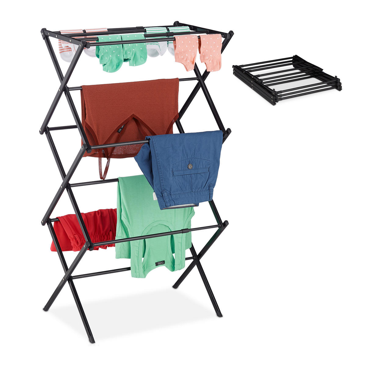 STOJAN na prádlo - čierna, kov/plast (73/105/37cm) - Relaxdays