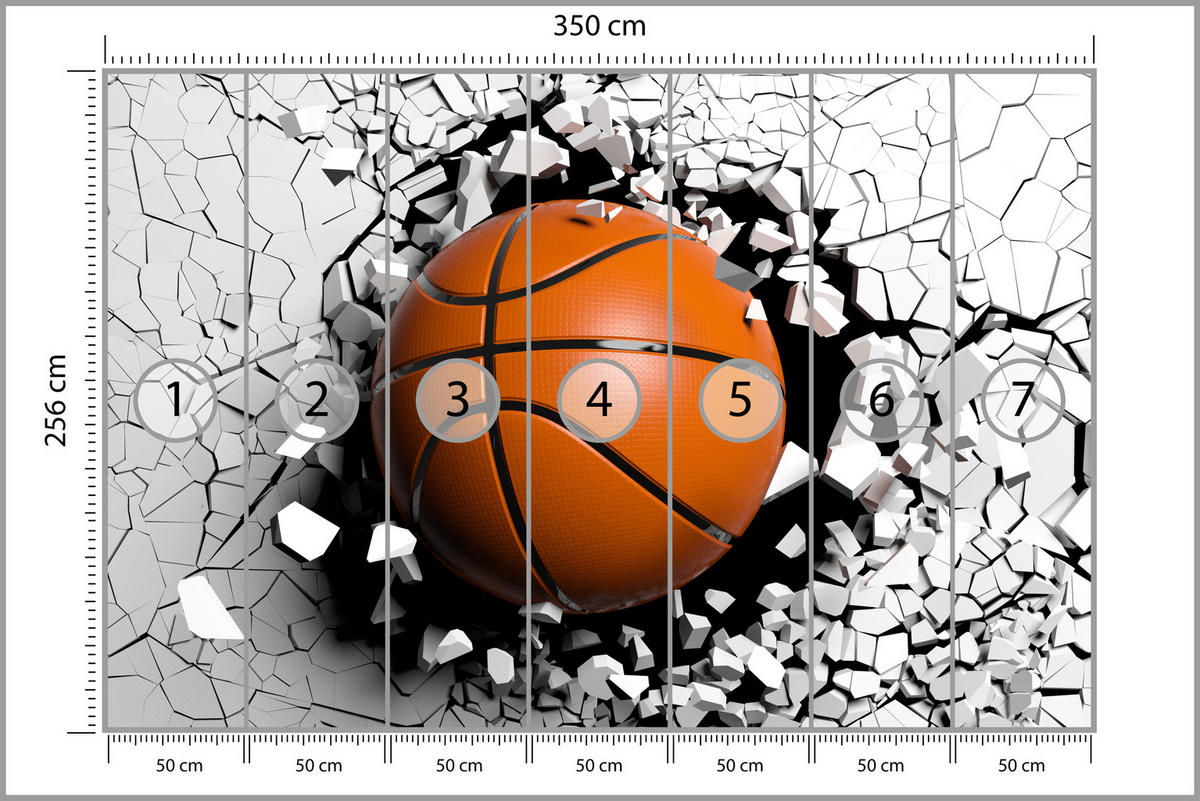 FOTOTAPETE für Jugendzimmer Basketball Wandbruch Sport 350x256 - Schwarz/Orange, Papier (350/256cm) - Muralo