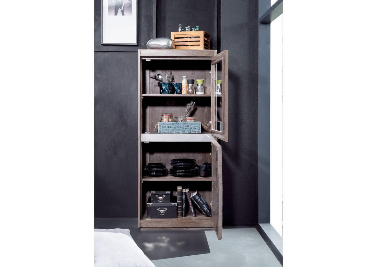 VITRINE Sheesham 63x40x147 smoked oak lackiert SYDNEY #205 - Grau, Holz (63/147/40cm) - Massivmoebel24