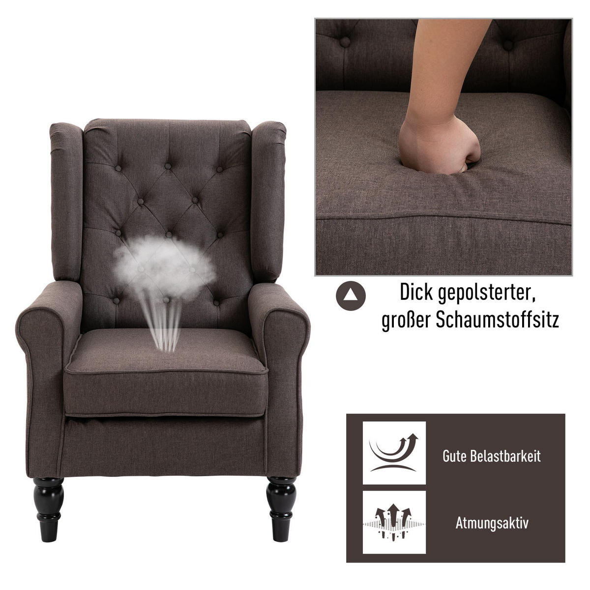 EINZELSESSEL mit Tufting Relaxsessel Einzelstuhl Holzfüße Polyester 2 Farben - Schwarz/Braun, Holz/Textil (86/102/74cm) - HOMCOM