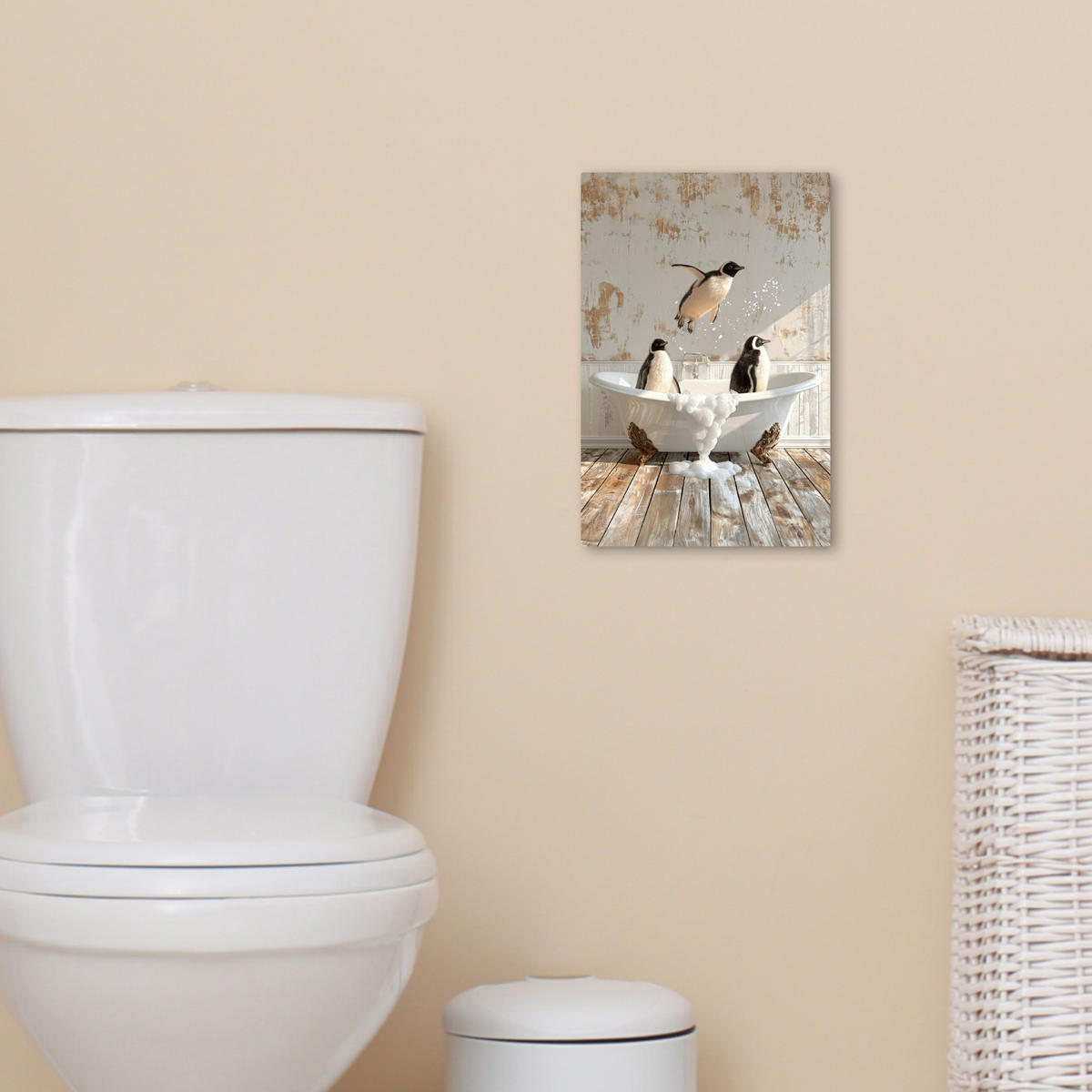 LEINWANDBILD Vintage - Pinguin - Badewanne - Schaumstoff 20x30 cm - Schwarz, Textil (20/30cm) - MuchoWow