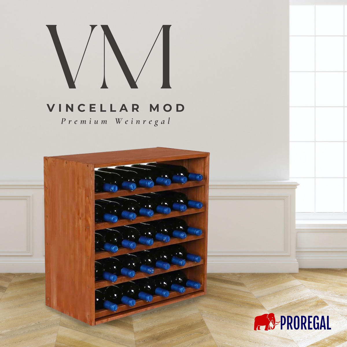 WEINREGAL Vincellar Mod 60x60x30 cm Standard Modul Für 30 Flaschen Massives Kiefernholz Braun Geölt - Braun, Holz (60/60/30cm) - PROREGAL