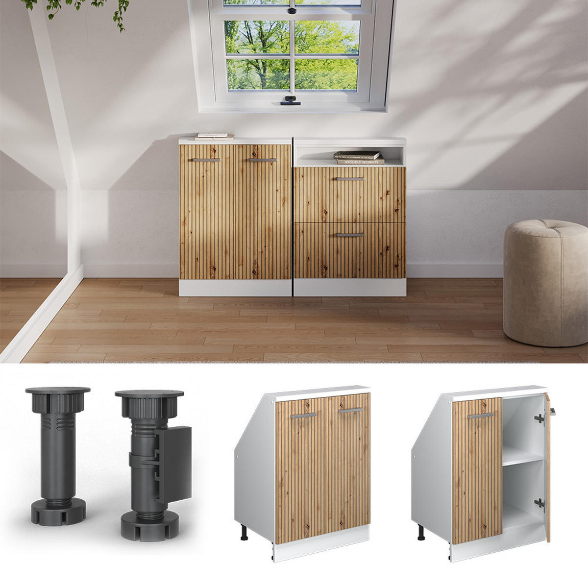 KUCHYŇSKÁ SKŘÍŇKA POD ŠIKMOU STŘECHU R-Line Dub řemeslný/bílý - bílá/dub artisan, kompozitní dřevo (60/81.6/46cm) - Vicco