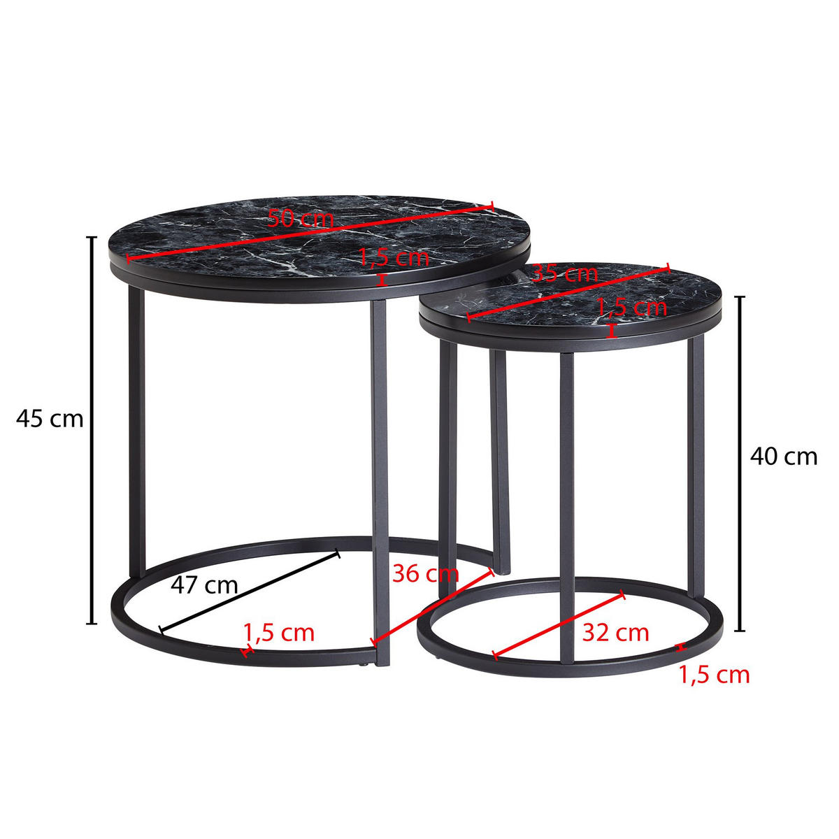 BEISTELLTISCH Set rund EVIN Couchtisch - Schwarz, Holzwerkstoff (50/50/45cm) - tinkaro