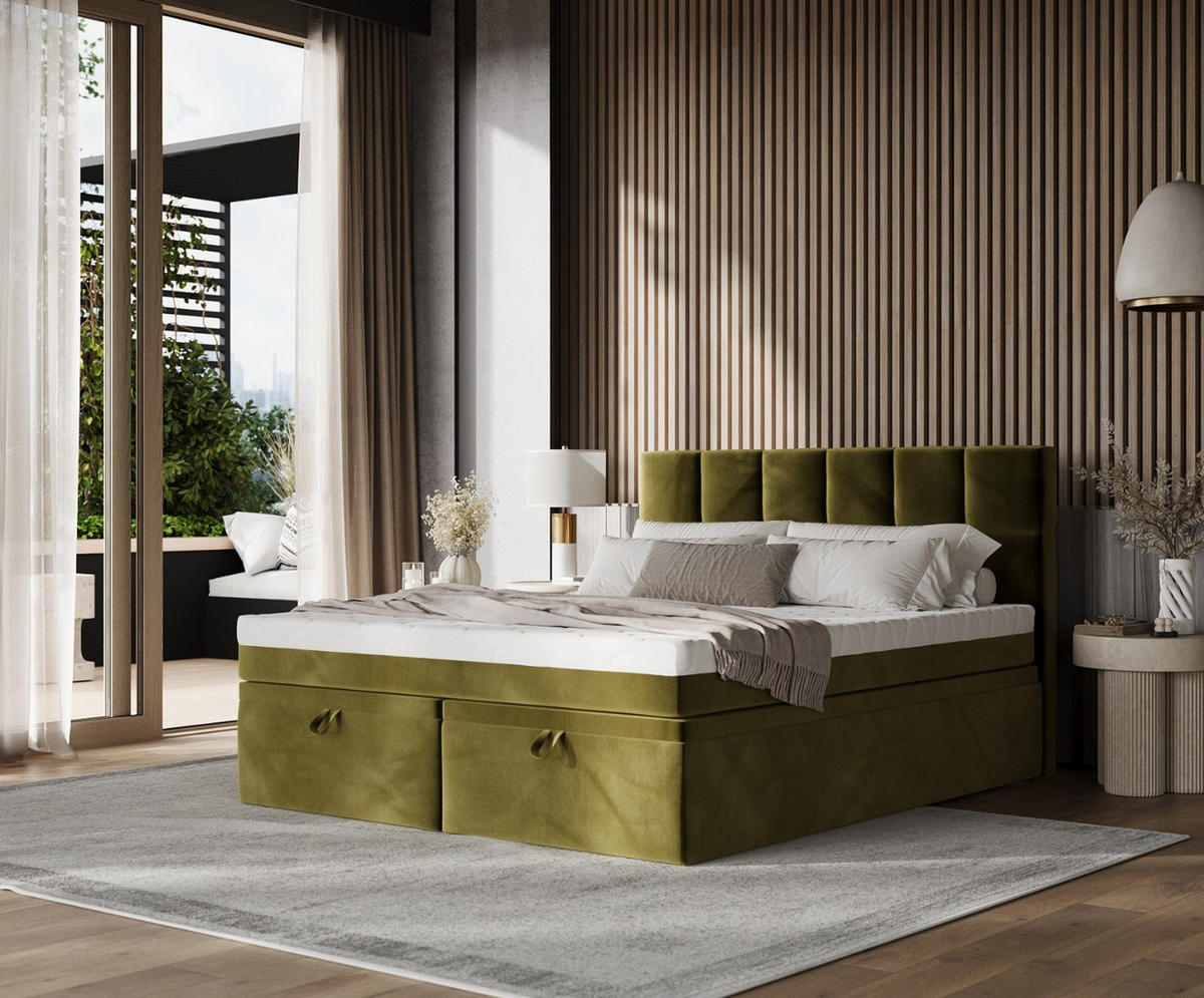BOXBETT Elano 180/200 cm Olivgrün im Kronos Stoff - Schwarz/Olivgrün, Holz/Holzwerkstoff (180/200cm) - AltaBeds