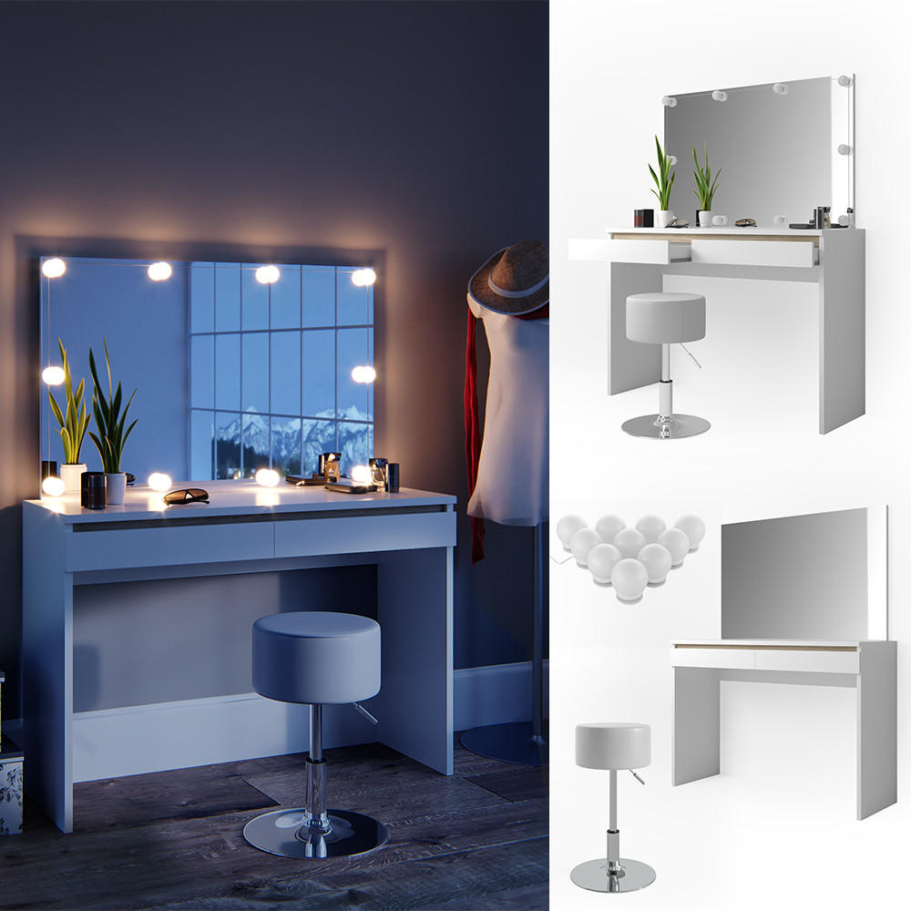 SCHMINKTISCH Emma Weiß 120 cm mit LED Beleuchtung und Hocker - Weiß, Holzwerkstoff (120/83/41.8cm) - Vicco
