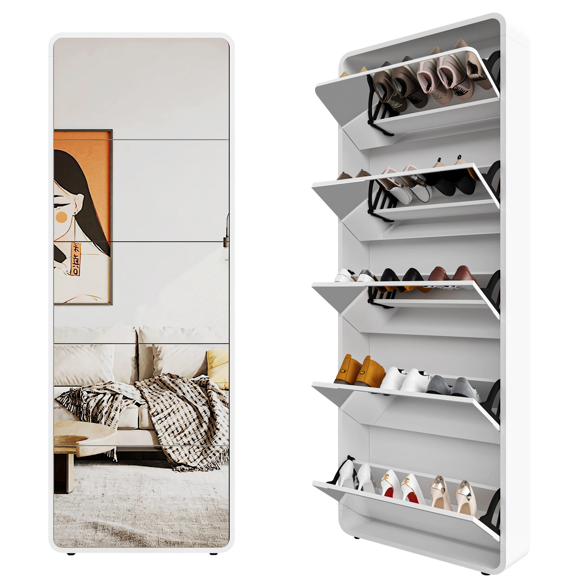 SCHUHSCHRANK aus MDF 176cm in Weiß mit Ganzkörperspiegel - Weiß, Holzwerkstoff (63/176/19.5cm) - Modfu