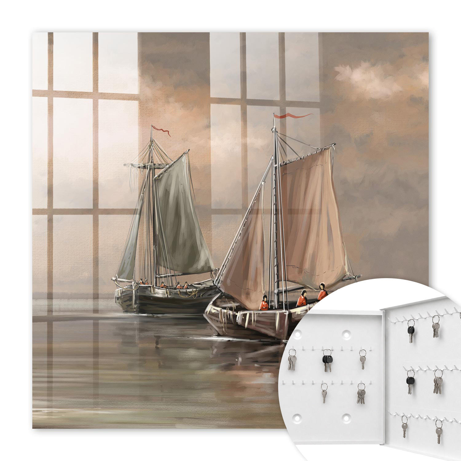 SCHLÜSSELBOX Weiß 30x30 cm – Türöffnung nach rechts - Seesegelschiffe - Beige, Metall (30/30/5cm) - TULUP