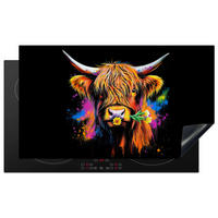 HERDABDECKPLATTE Schottischer Highlander - Graffiti - Bunt - Blume - Tiere Ceranfeldabdeckung 90x52 cm - Multicolor, Kunststoff (90/52/0.2cm) - MuchoWow