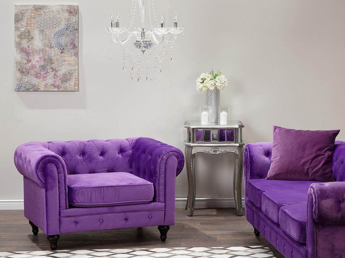 SESSEL Samtstoff violett Chesterfield - Dunkelbraun/Violett, Textil (110/70/75cm) - Beliani